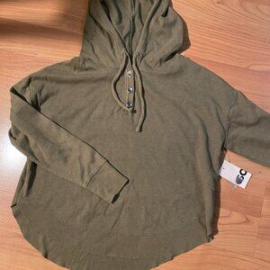 SO Henley Hoodie Army Green Hi Low Thermal Cotton Waffle Shirt, Size Large